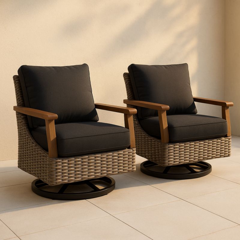 Set van 2 draaibare tuinstoelen met kussens polyethyleen rotan en aluminium frame donkergrijs/bruin-Aurorafeliz