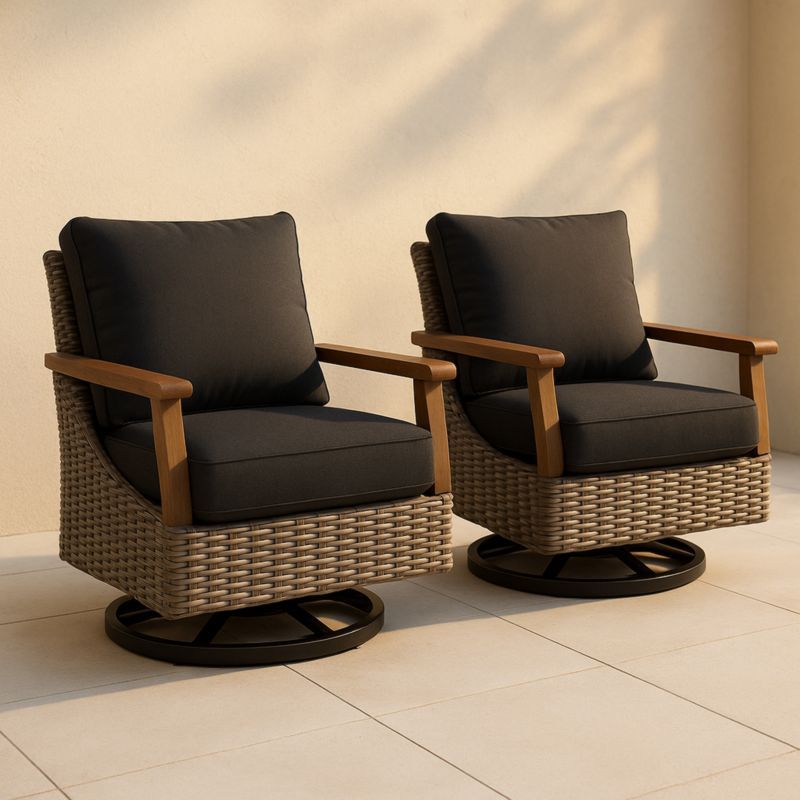 Set van 2 draaibare tuinstoelen met kussens polyethyleen rotan en aluminium frame donkergrijs/bruin-Aurorafeliz