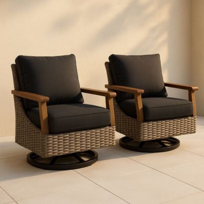 Set van 2 draaibare tuinstoelen met kussens polyethyleen rotan en aluminium frame donkergrijs/bruin-Aurorafeliz