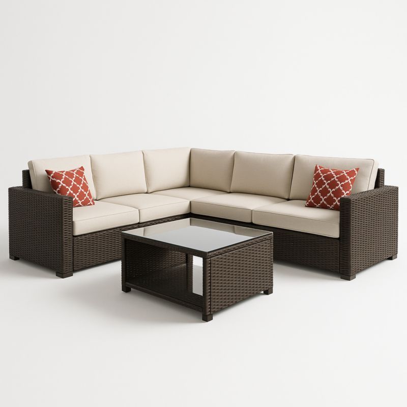 L-vormige tuinmeubelset van polyrattan met glazen tafelblad beige kussens bruin-Aurorafeliz