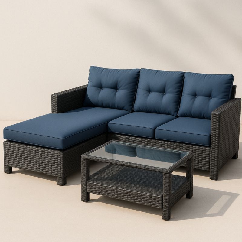 Terras Meubelset Hoekbank Polymeer Hars Wicker Tafel Blauw/Antraciet-Aurorafeliz