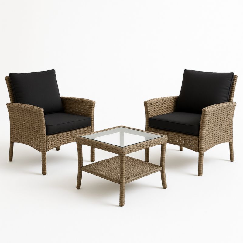 Tuinmeubelset Wicker Stoelen en Tafel Glasblad Zwart/Beige-Aurorafeliz