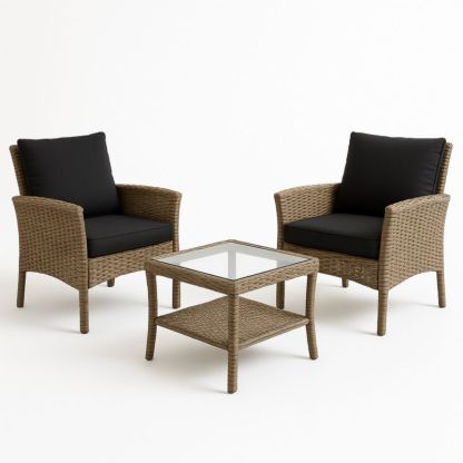 Tuinmeubelset Wicker Stoelen en Tafel Glasblad Zwart/Beige-Aurorafeliz