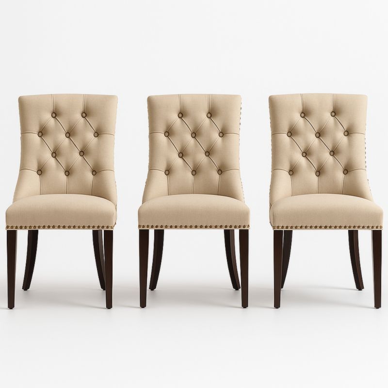 Set van 3 eetkamerstoelen beige linnen met houten poten-Aurorafeliz