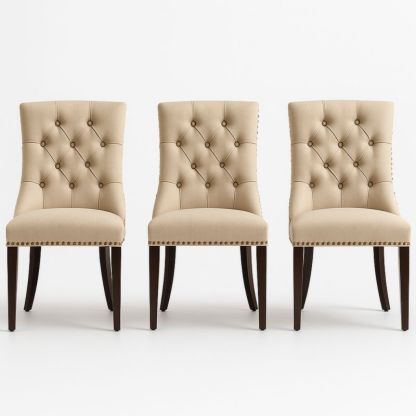 Set van 3 eetkamerstoelen beige linnen met houten poten-Aurorafeliz