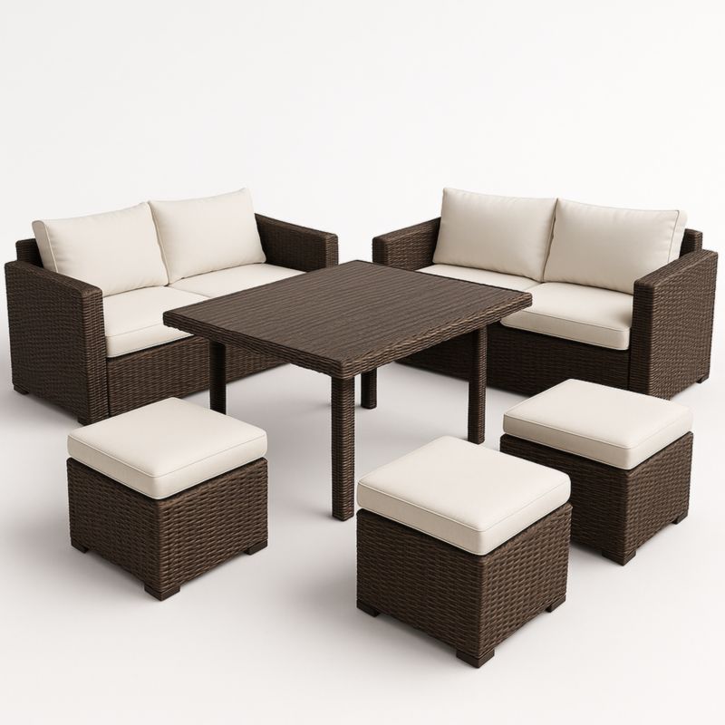 Tuinmeubel Set Polyrotan Rechte Kussens Beige Bruin Tafel en Zithoek-Aurorafeliz