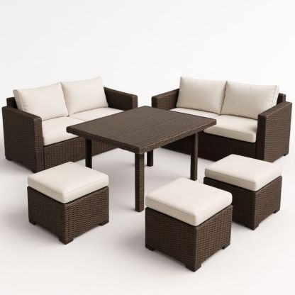 Tuinmeubel Set Polyrotan Rechte Kussens Beige Bruin Tafel en Zithoek-Aurorafeliz