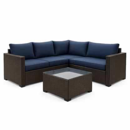 Lounge tuinset L-vorm polyrotan blauwe kussens 210x210 cm gehard glas tafelblad-Aurorafeliz