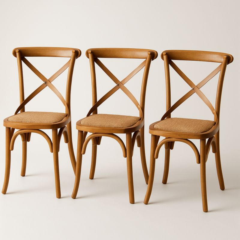 Set van 3 houten stoelen met kruisvormige rugleuning en gevlochten zitting 45x45x89cm Bruin-Aurorafeliz