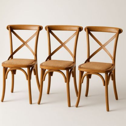 Set van 3 houten stoelen met kruisvormige rugleuning en gevlochten zitting 45x45x89cm Bruin-Aurorafeliz