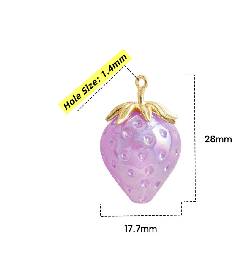 28mm Cute Strawberry Iridescent Beads - 6pcs Large Fruit Charm Beads with 1.4mm Hole