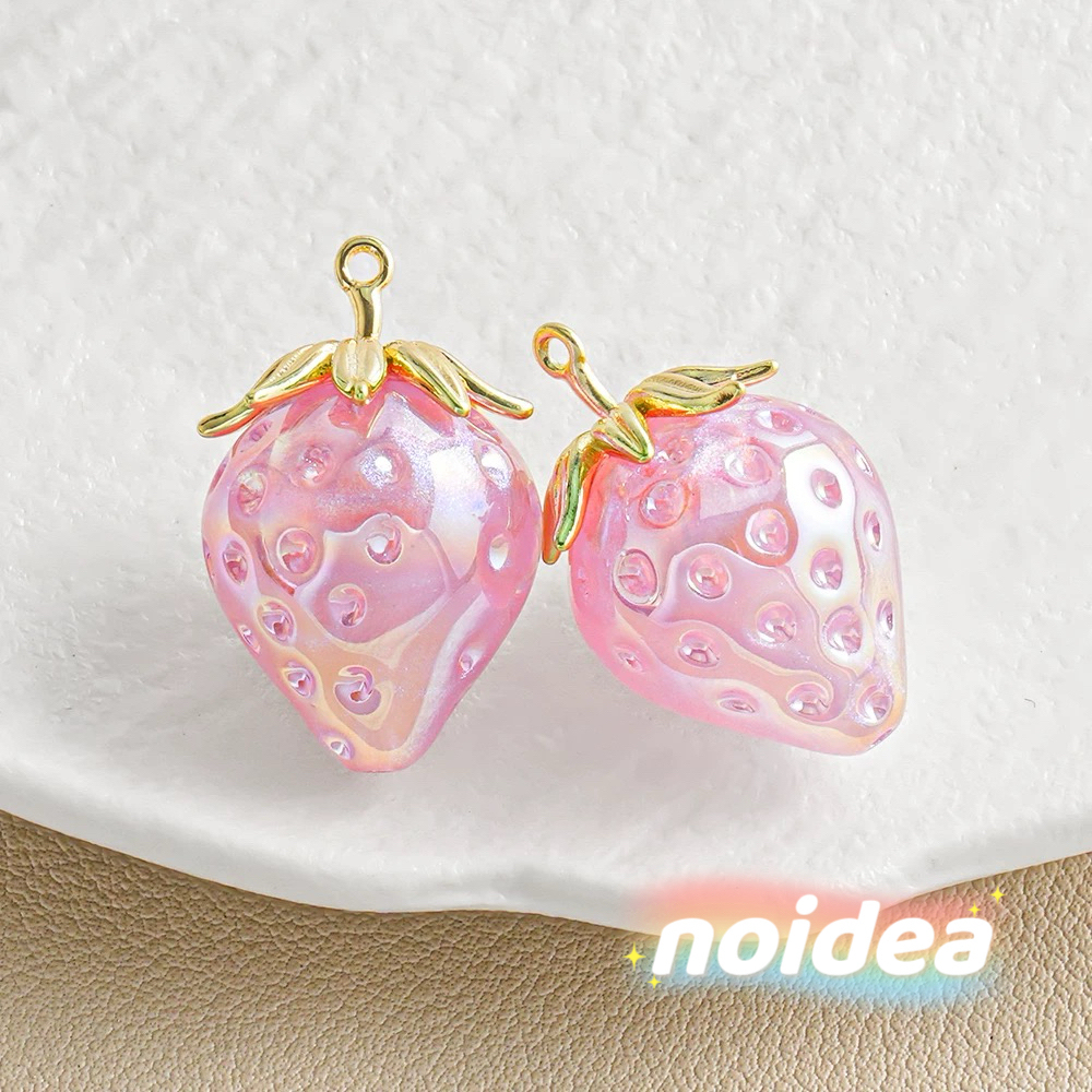 28mm Cute Strawberry Iridescent Beads - 6pcs Large Fruit Charm Beads with 1.4mm Hole