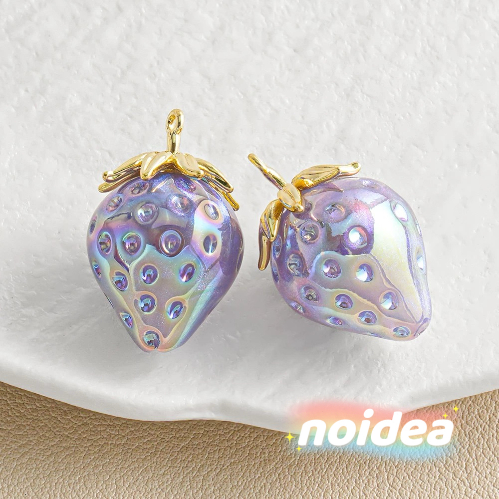 28mm Cute Strawberry Iridescent Beads - 6pcs Large Fruit Charm Beads with 1.4mm Hole