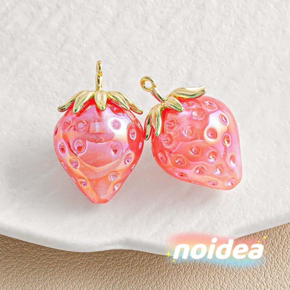 28mm Cute Strawberry Iridescent Beads - 6pcs Large Fruit Charm Beads with 1.4mm Hole