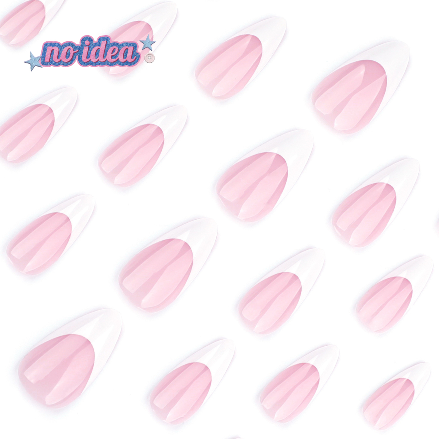 A complete set of 24 classic French tip fake nails in short almond shape, with 12 sizes visible.