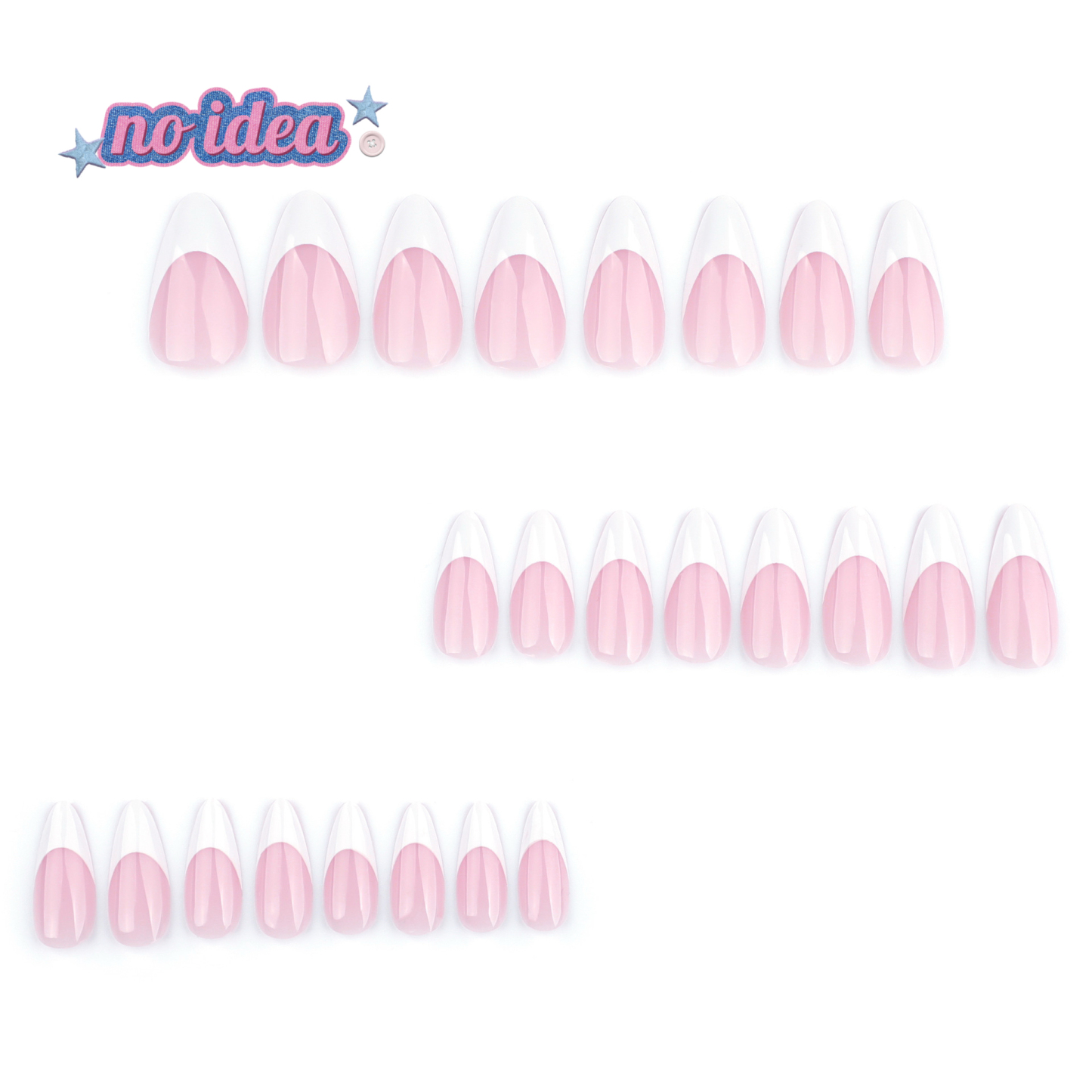A complete set of 24 classic French tip fake nails in short almond shape, with 12 sizes visible.
