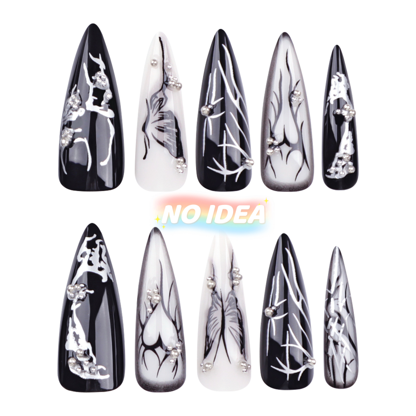 Long almond shaped press on nails in a dark, edgy gothic-punk style, shown in multiple sizes.