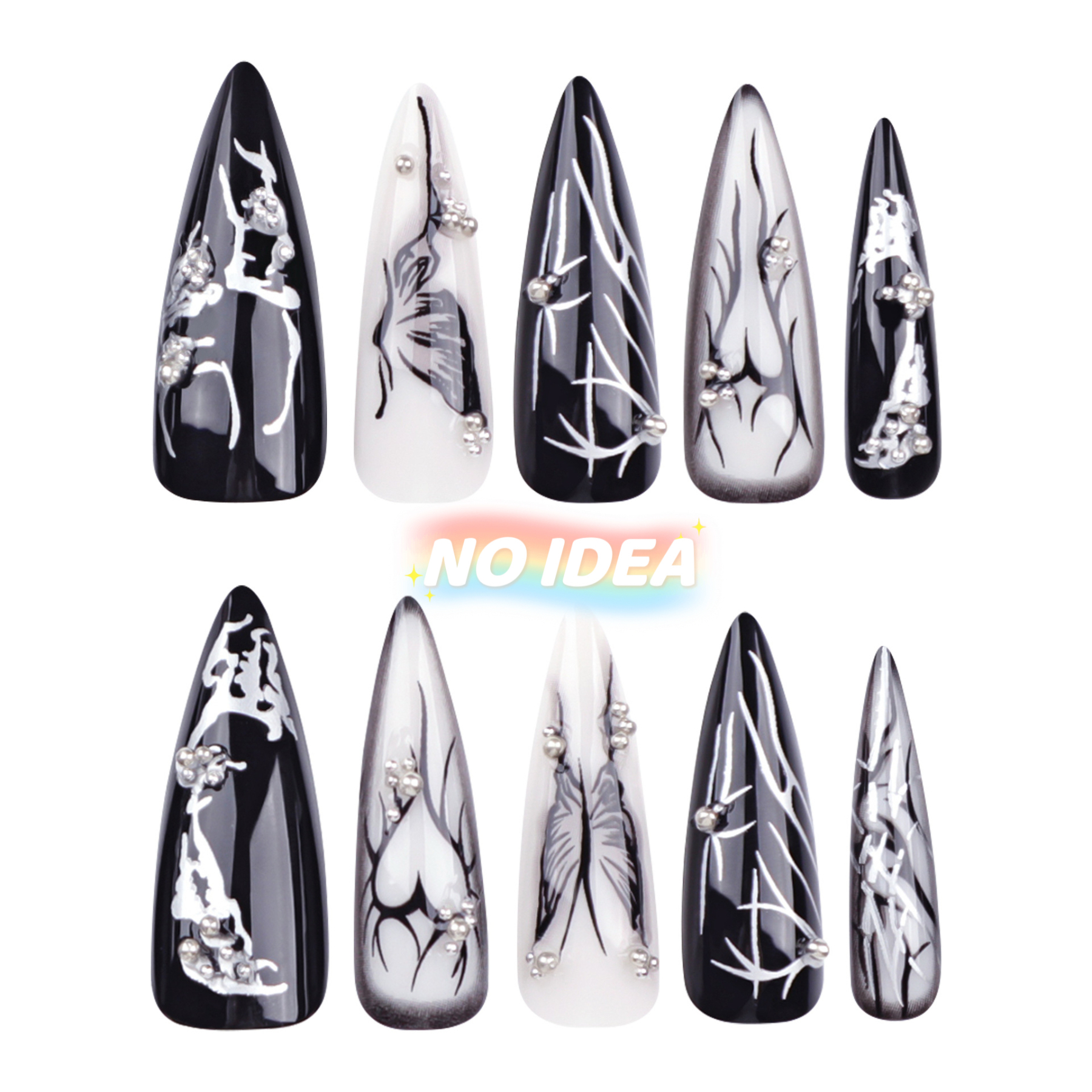 Long almond shaped press on nails in a dark, edgy gothic-punk style, shown in multiple sizes.