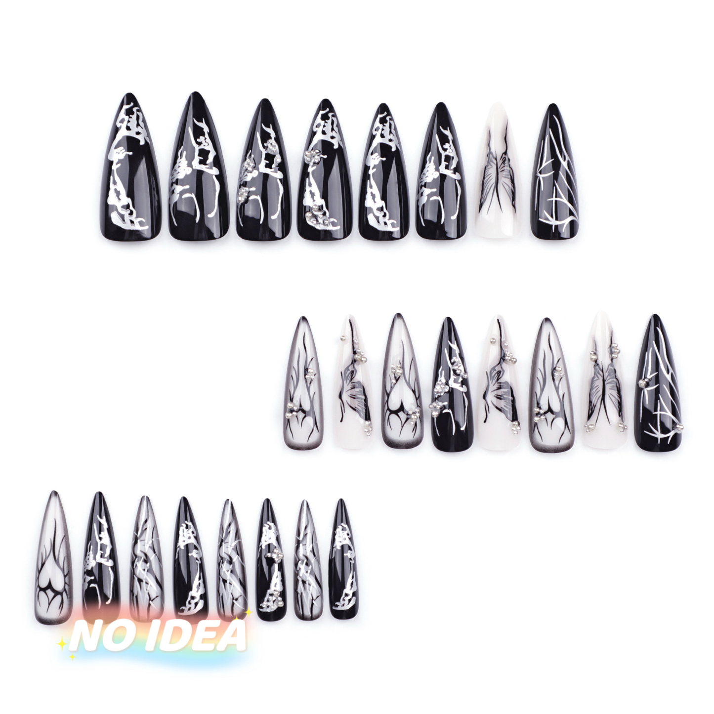 Long almond shaped press on nails in a dark, edgy gothic-punk style, shown in multiple sizes.