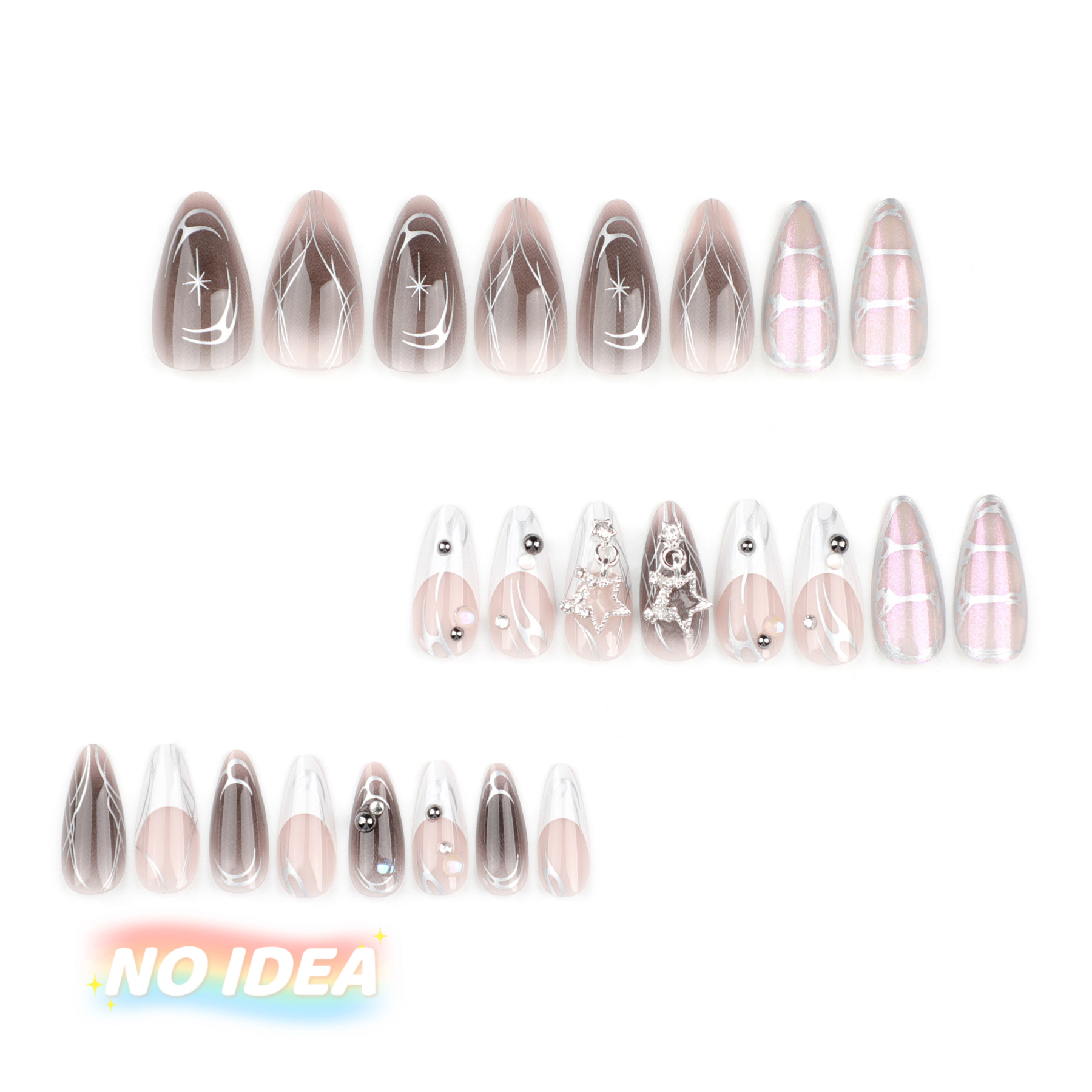 Long almond shaped nails in grey metallic with silver star charms and clear rhinestones.