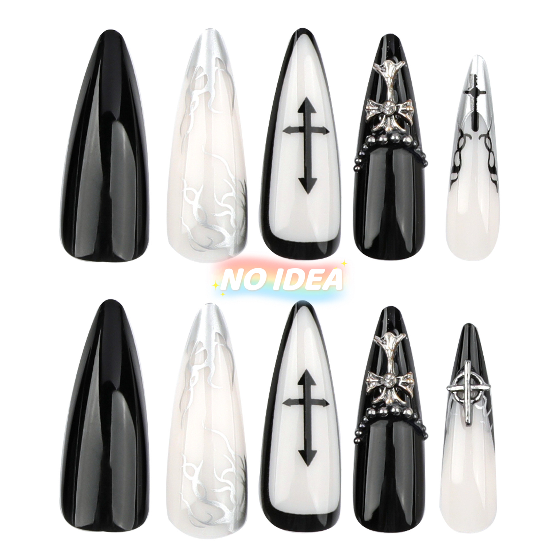Long almond shaped press on nails in black and white with a prominent silver metal cross decoration.