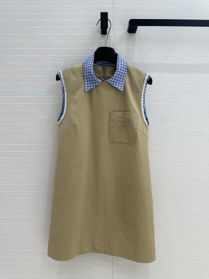 MIU New Blue Plaid Collar Curry Sleeveless Dress