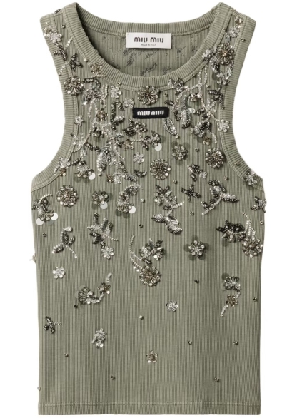 MIU25SS diamond-encrusted dark green sleeveless undershirt