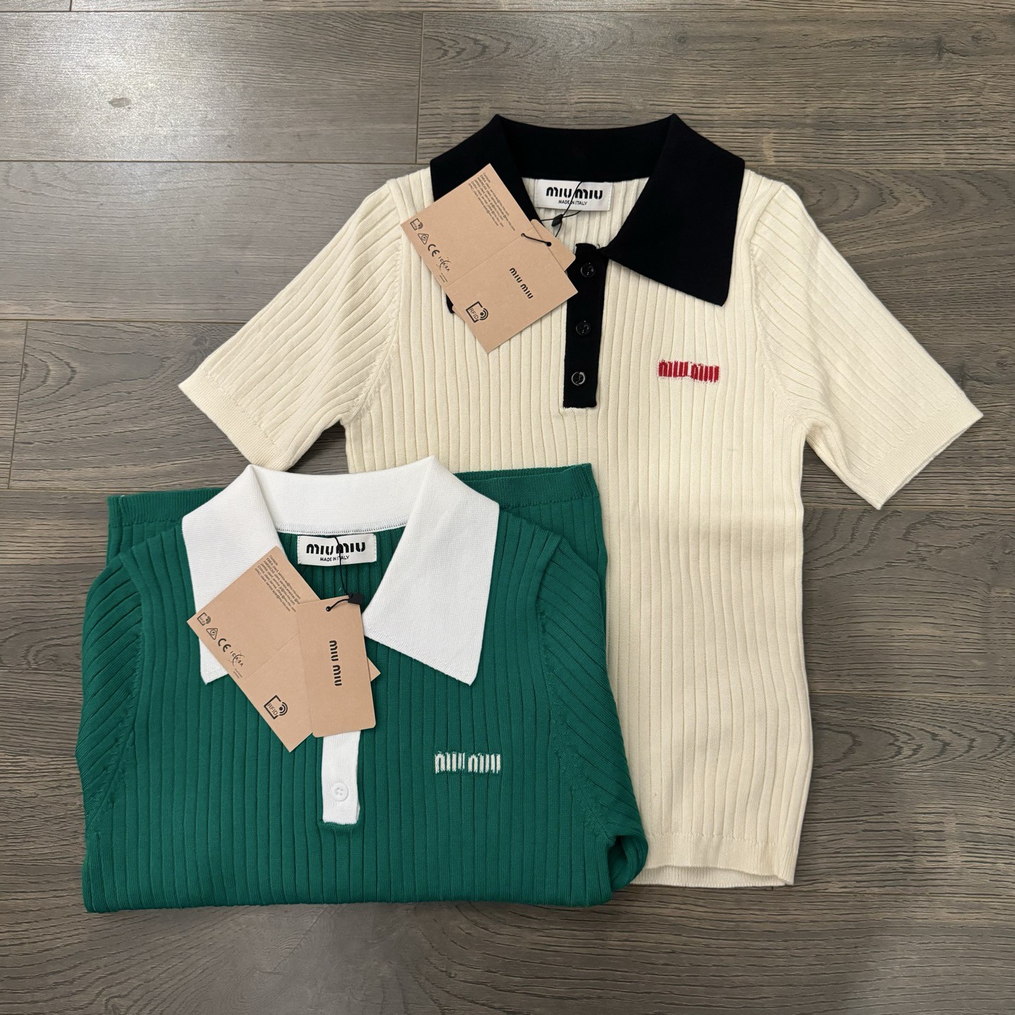 Miu Embroidered Letter Clash Color Knit Short Sleeve