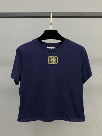 Miu Gold Label Embroidered Round Neck Short Sleeve
