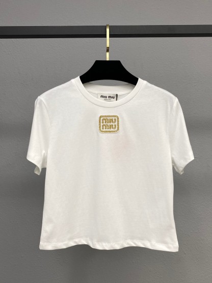 Miu Gold Label Embroidered Round Neck Short Sleeve
