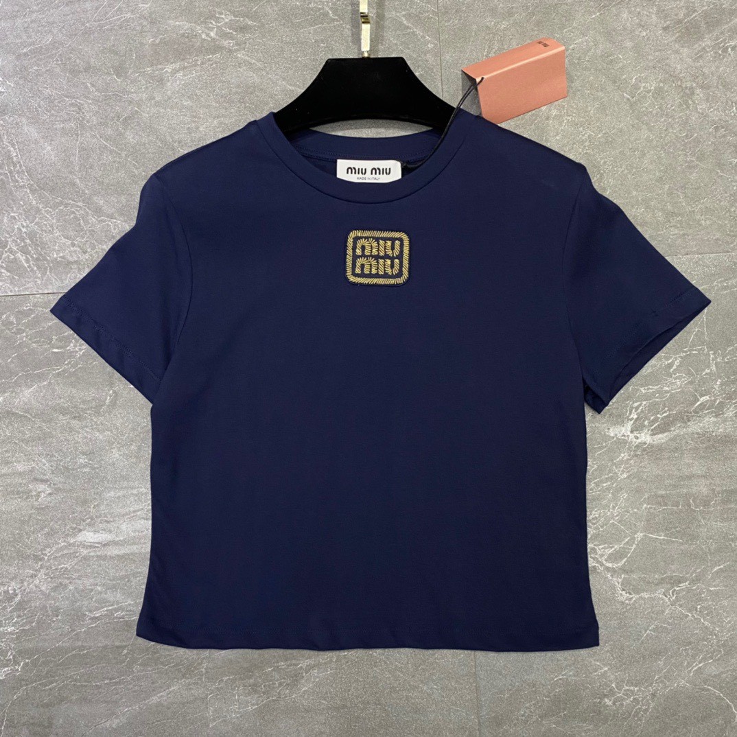 Miu Gold Label Embroidered Round Neck Short Sleeve
