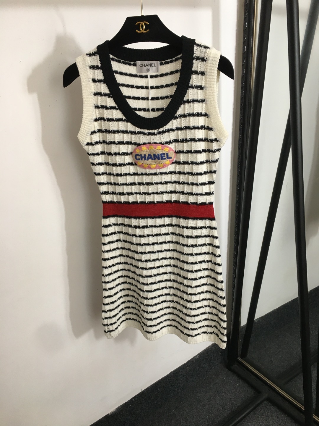 CHANE25SS embroidered striped knit vest dress