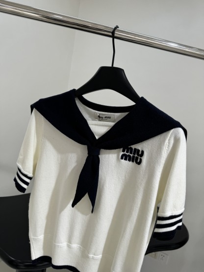 Navy Collar Wool Patchwork Polo Shirt