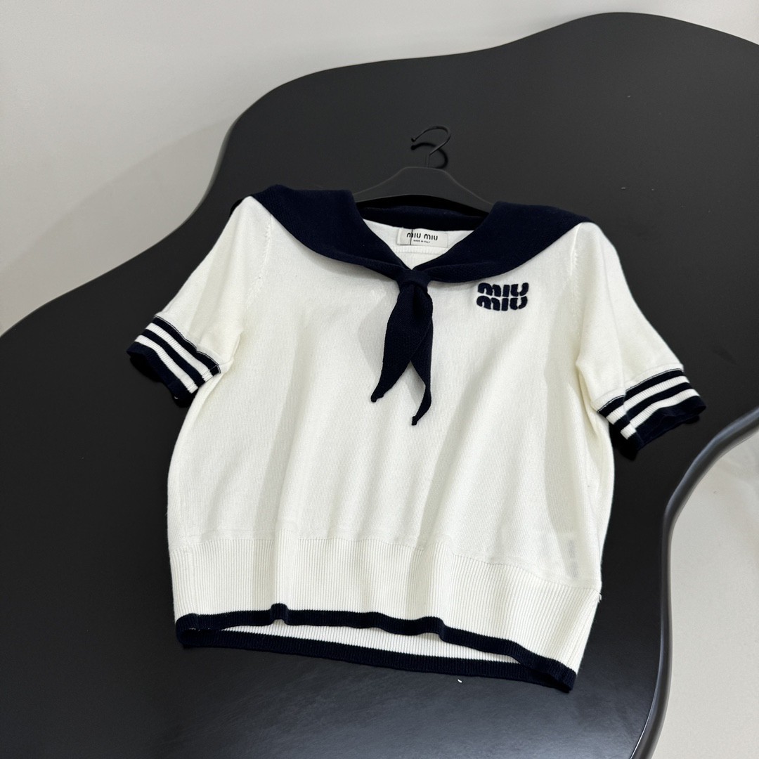 Navy Collar Wool Patchwork Polo Shirt