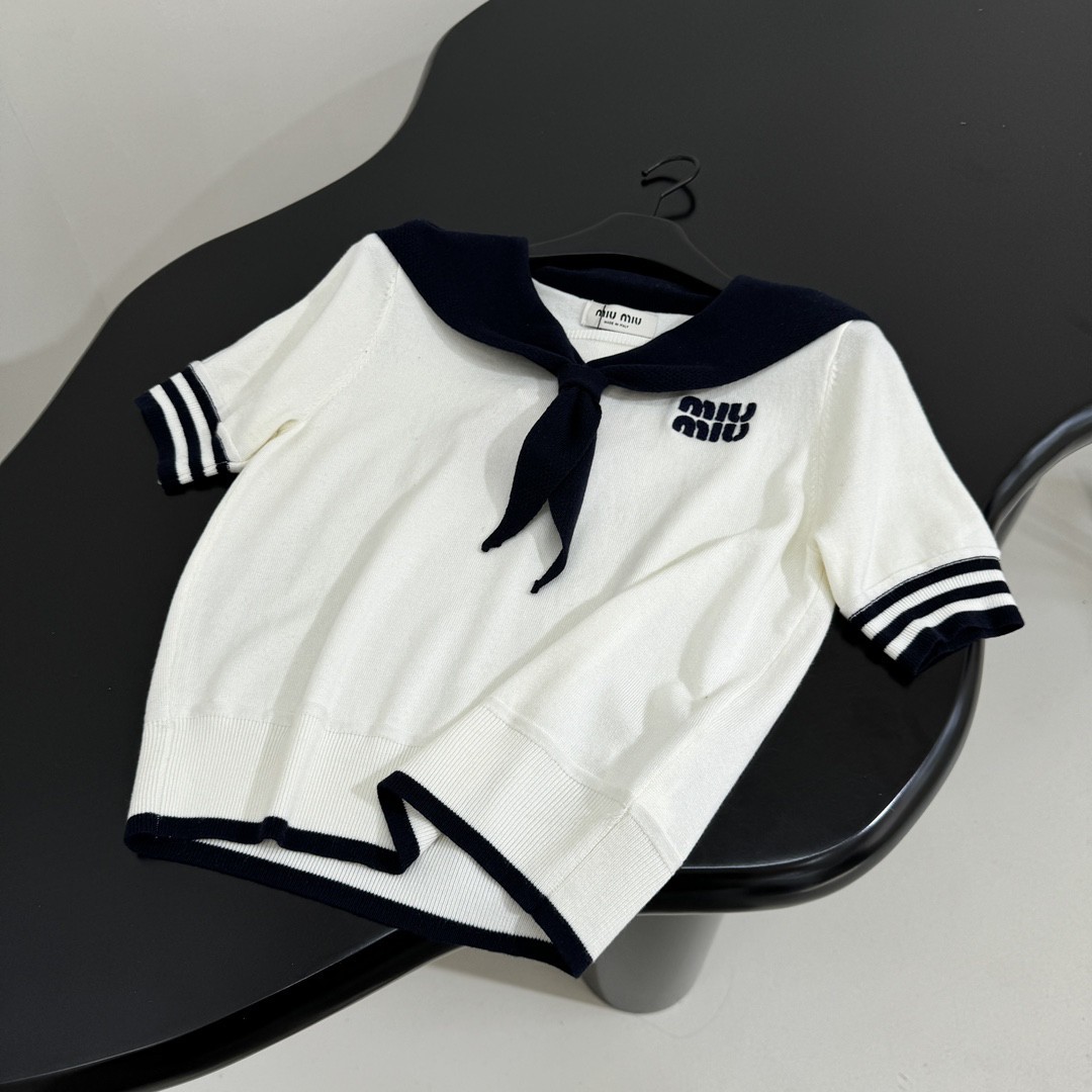 Navy Collar Wool Patchwork Polo Shirt