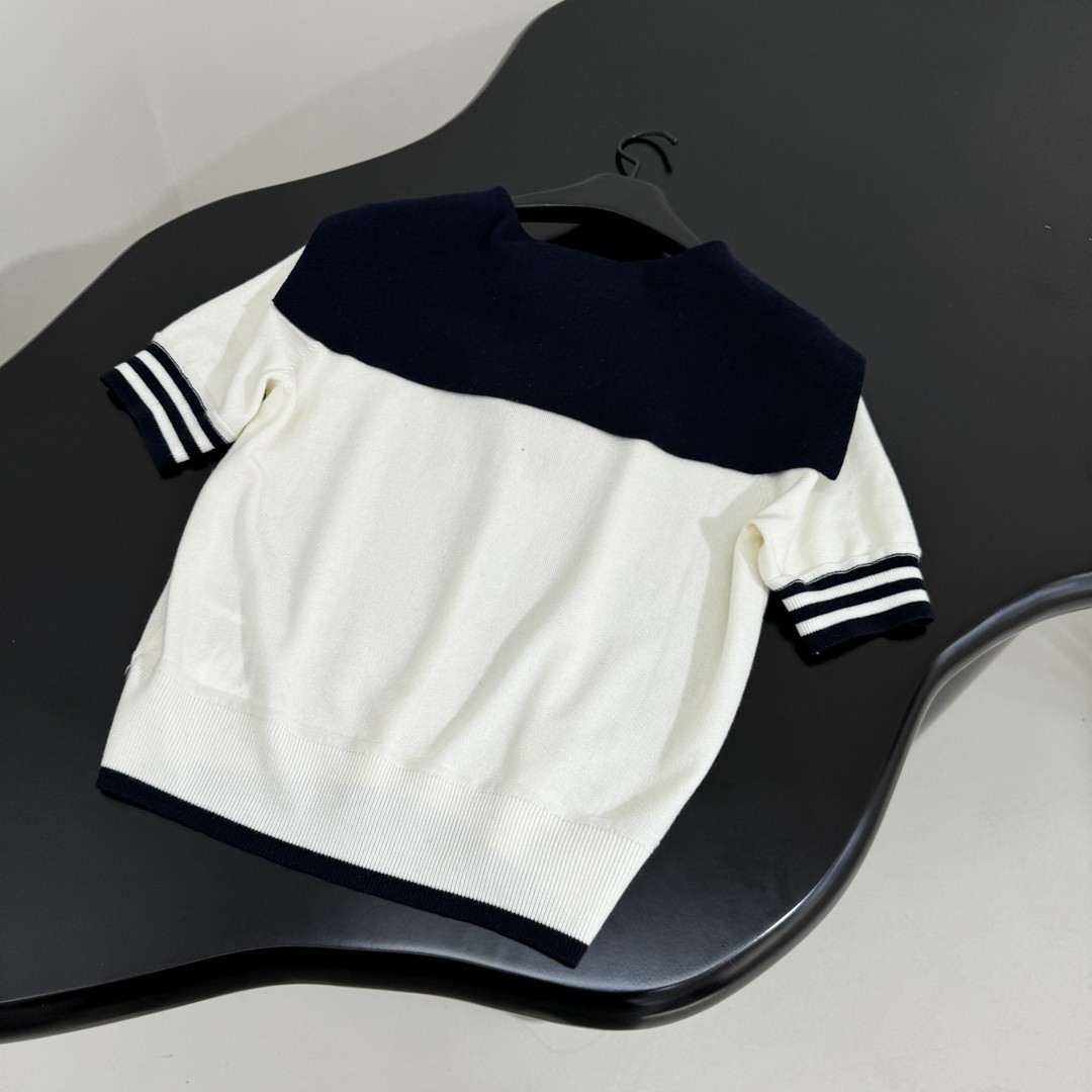 Navy Collar Wool Patchwork Polo Shirt