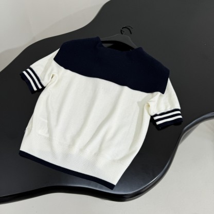 Navy Collar Wool Patchwork Polo Shirt