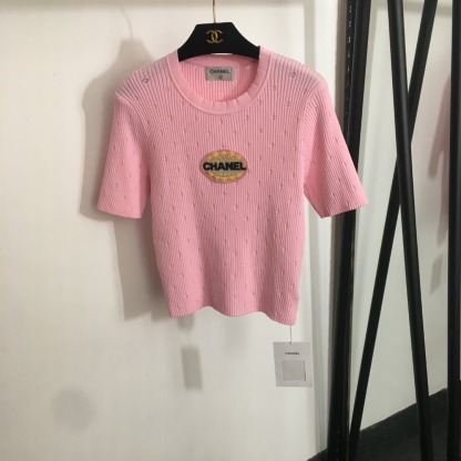 CHANE25SSlogo embroidered hollowed-out short-sleeve sweater