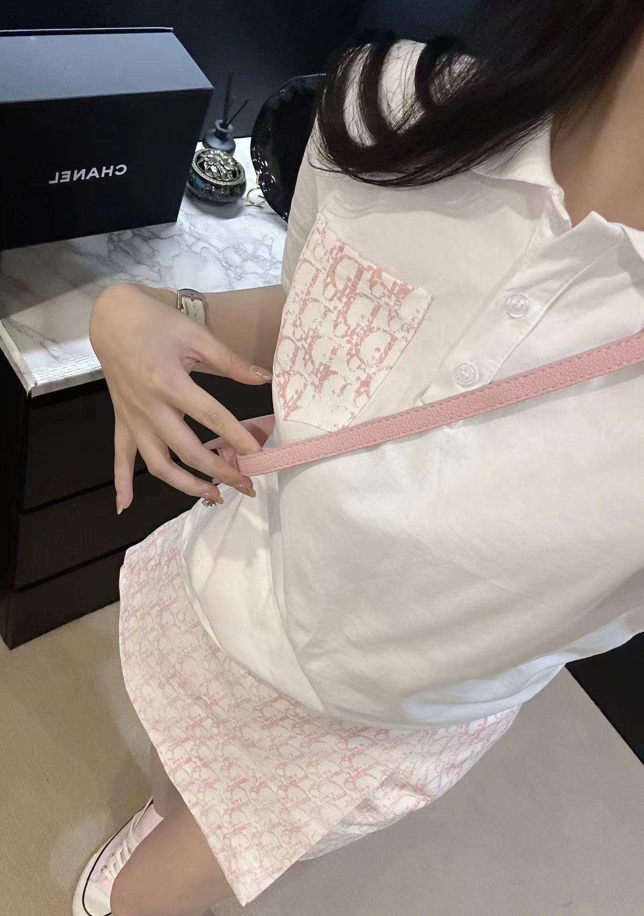 DIO25SS monogrammed polo shirt + washed cotton half skirt