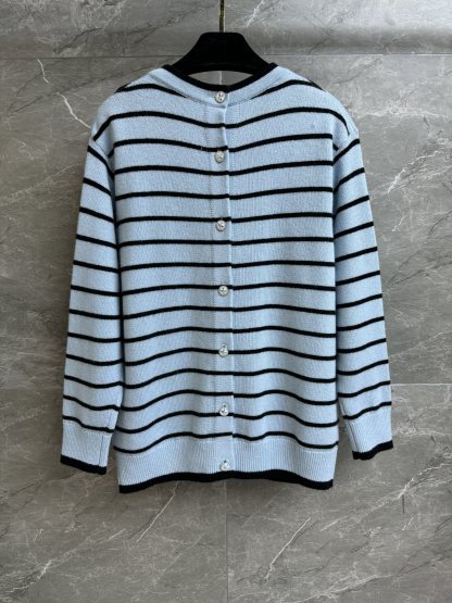 CHANE25SS Striped V-Neck Cardigan
