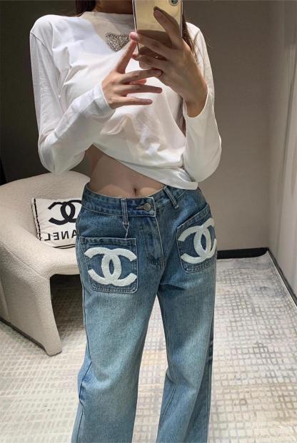 CHANE25SS embroidered denim straight leg trousers