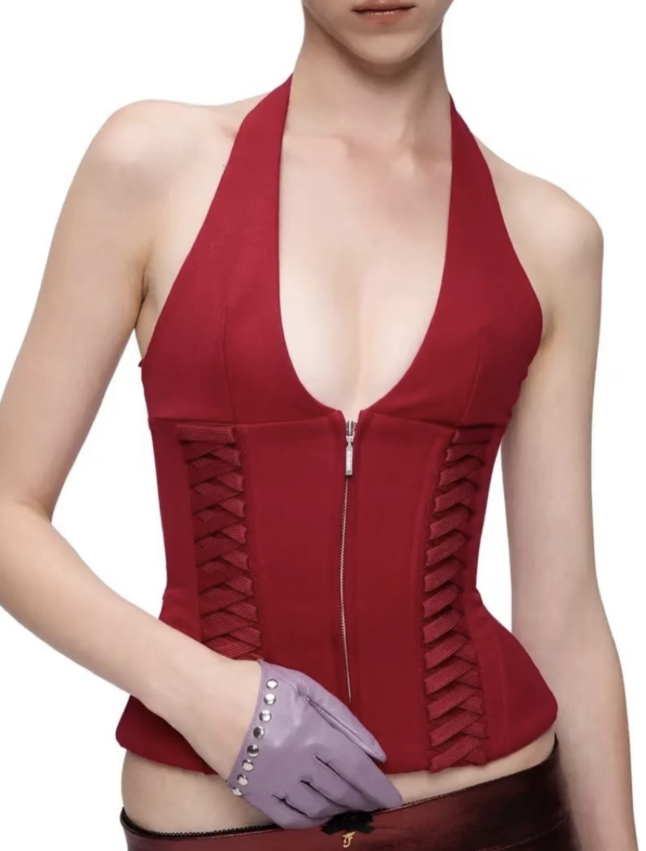 CHANE25SS V-Neck Zipper Fishbone Cami Tank Top Sexy Top