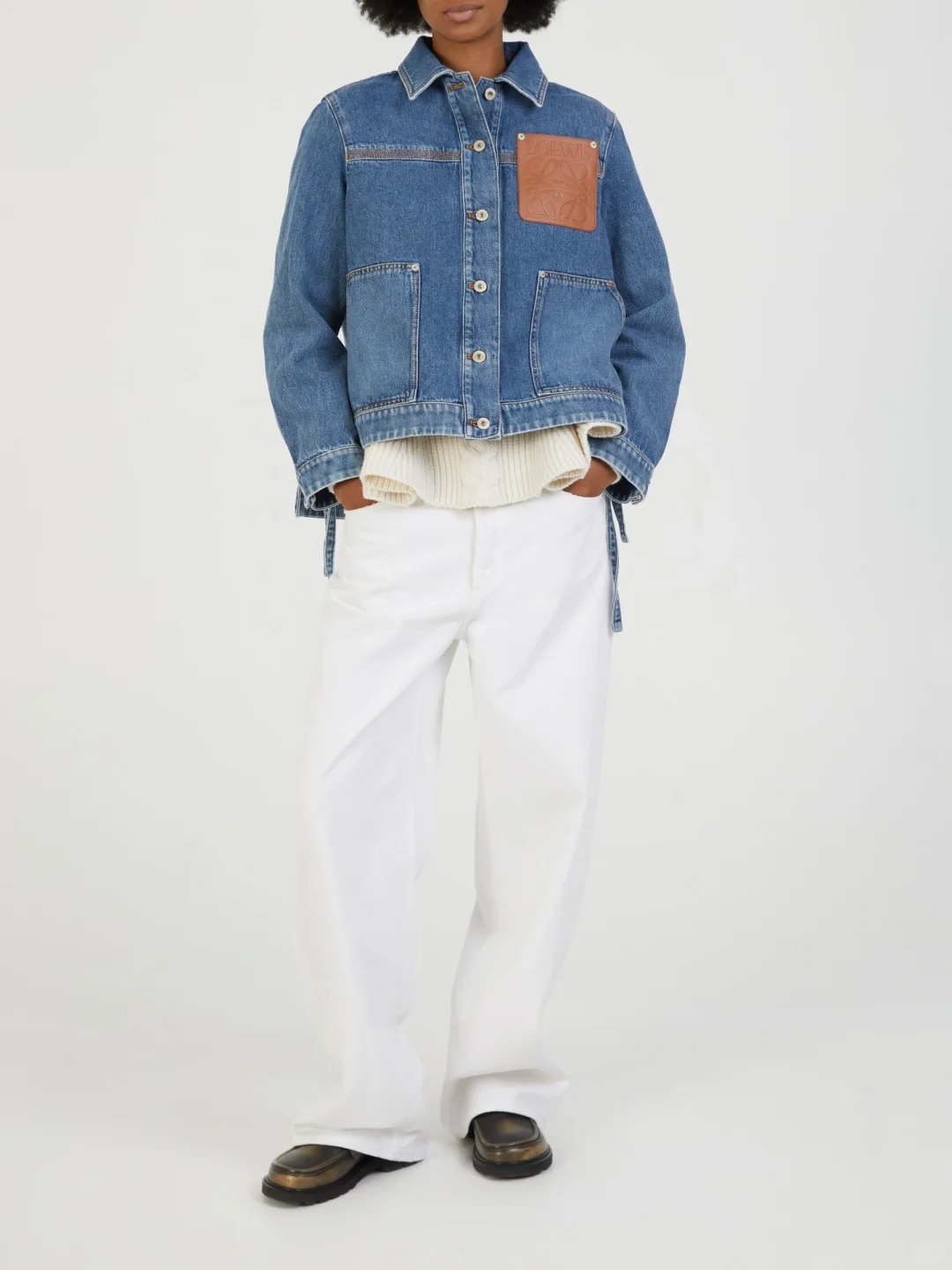 LOE25SS leather embossed logo denim jacket