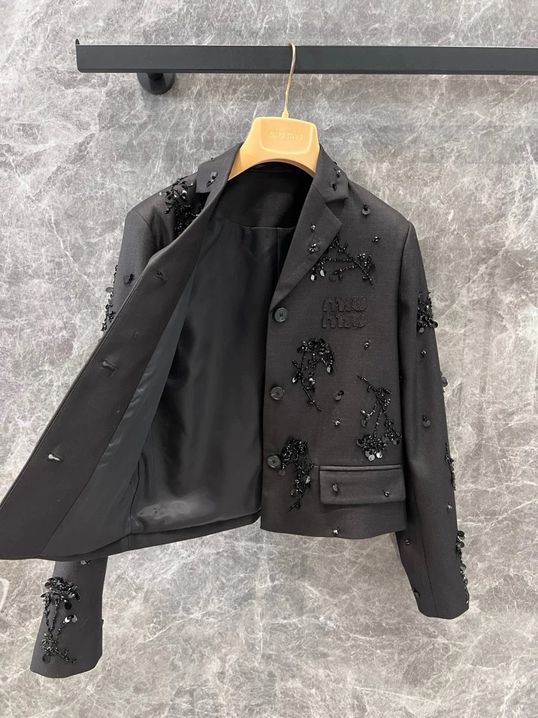 MIU short blazer with handmade shimmering beadwork embroidery