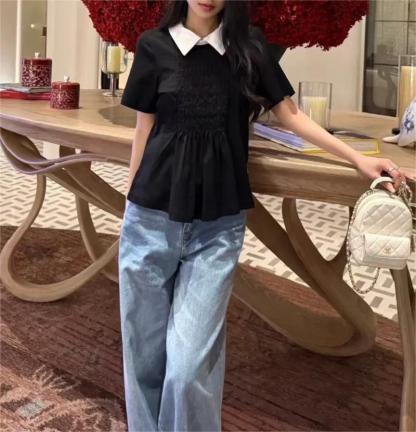 CHANE25SS Double C Pleated Embroidered Logo Cotton Short Sleeve