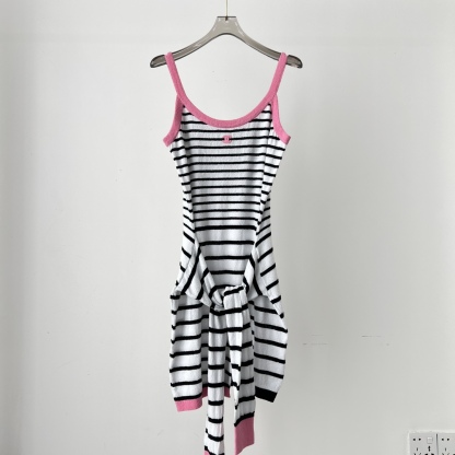 CHNEL pink and black striped color clash dress