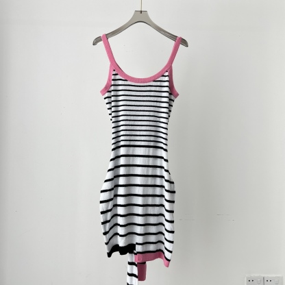 CHNEL pink and black striped color clash dress