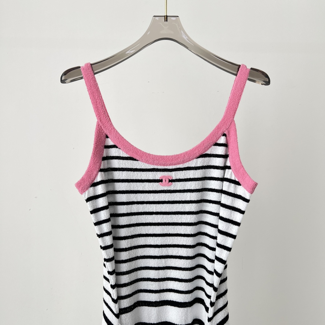 CHNEL pink and black striped color clash dress