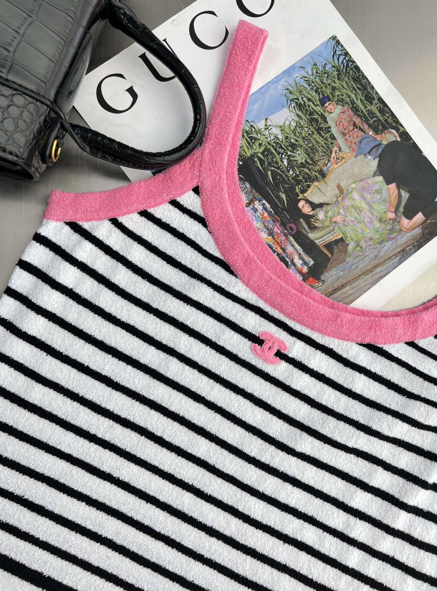 CHNEL pink and black striped color clash dress