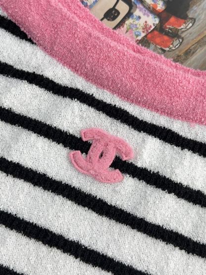 CHNEL pink and black striped color clash dress
